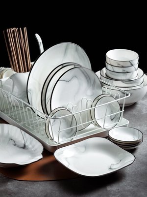 現貨碗碟套裝餐具北歐風家用2人4人食大理石紋簡約碗陶瓷組合碗筷碗盤可開發票