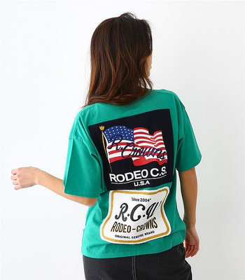 [ 憨虎試衣間 ] 全新，日單，RODEO CROWNS，(綠色)背後兩塊刺繡貼布，貼布字母印花口袋短袖T，60%綿