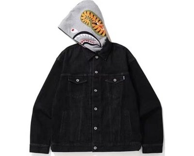 日本bathing ape潮牌21AW新款BAPE灰色鯊魚併接可拆裝帽子黑色牛仔外套衛衣