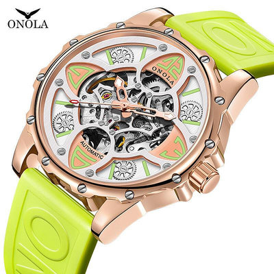 【現貨】快速出貨時尚新款onola/奧駱納四葉草全自動機械手錶男女防水膠帶錶帶