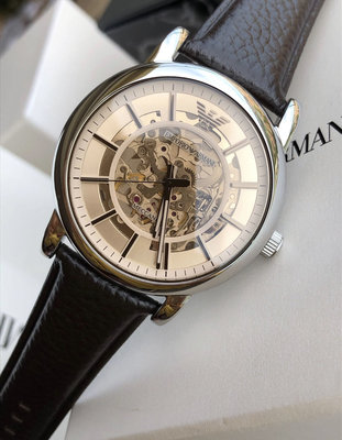 EMPORIO ARMANI Meccanico 鏤空錶盤 棕色皮革錶帶 自動機械錶 AR1982