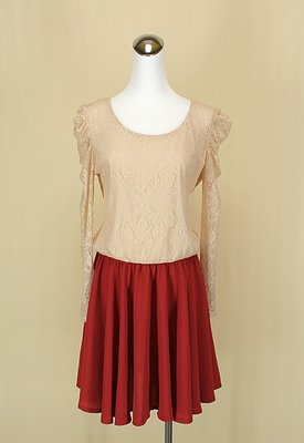 貞新二手衣 ORANGEBEAR 粉裸雕花圓領長袖蕾絲棉質洋裝L(38號)(19324)