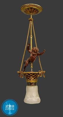 【波賽頓-歐洲古董拍賣】歐洲/西洋古董 法國古董 20世紀 拿破崙三世風格 大型天使鬱金香玻璃吊燈 1燈(尺寸：高80×直徑25公分) (年份:約1940年)
