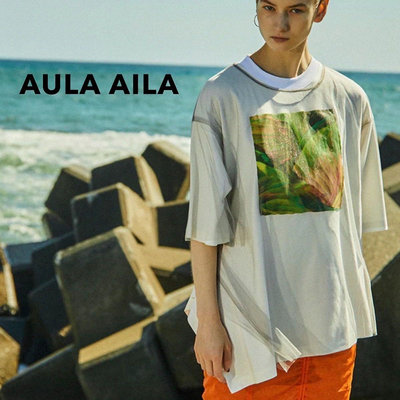 SHINY SPO 獨家代理日本設計師品牌AULA AILA 造型相片印花2way可拆兩穿透膚網紗下擺不對稱長上衣