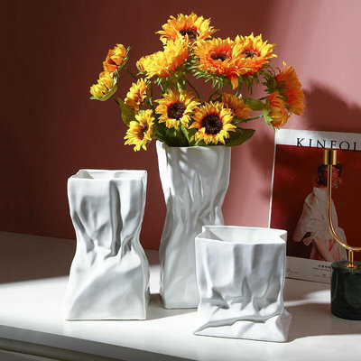 奶油紙袋褶皺陶瓷花瓶家居裝飾品白色現代簡約花器