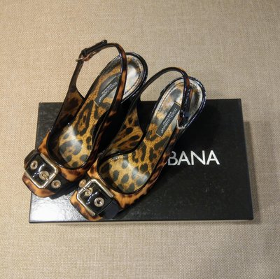 極新真品 D&G Dolce&Gabbana 36號 馬毛豹紋牛皮漆皮 魚口高跟涼鞋