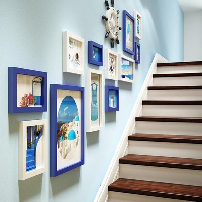 熱賣 地中海照片墻樓梯組合相框墻船舵裝飾畫框相片墻歐式樓梯照片墻【規格不同價格不同】