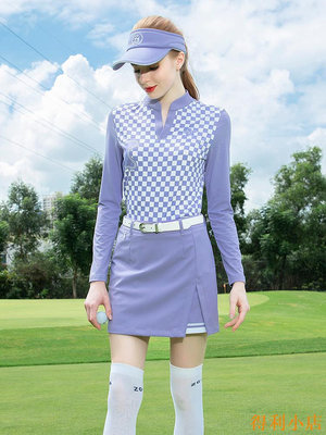 得利小店ZG-6高爾夫女裝球服裝女運動速干長袖運動T恤格子上衣紫色短裙子