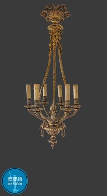 【波賽頓-歐洲古董拍賣】歐洲/西洋古董 法國古董 路易16世風格 大型青銅鎏金吊燈/燭台 6燈 E14 (總高度：82公分；直徑：34公分)(年份：1920年)