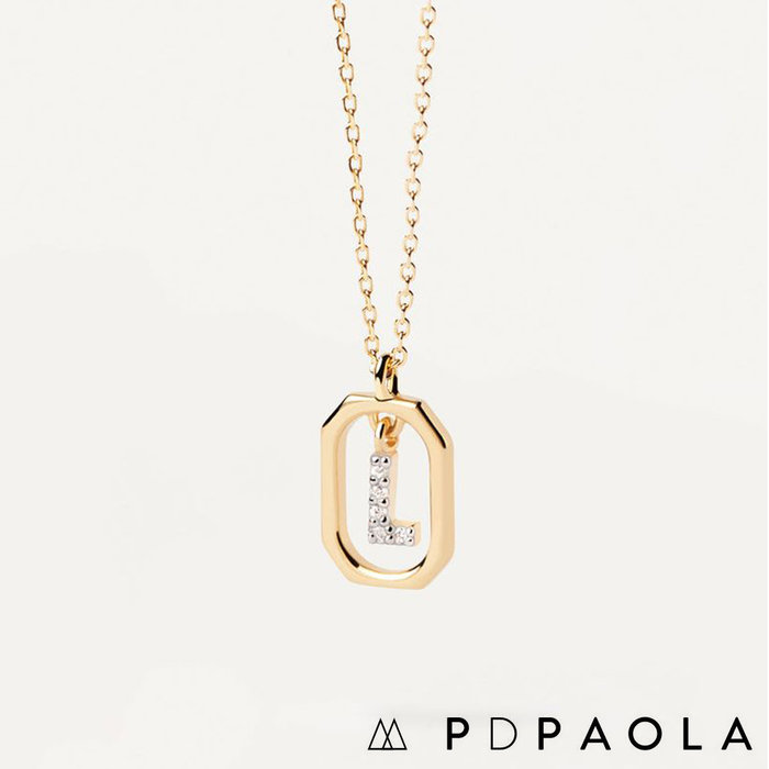 PD PAOLA 西班牙時尚潮牌 迷你鑲鑽L字母項鍊 金色簡約項鍊 925純銀鑲18K金