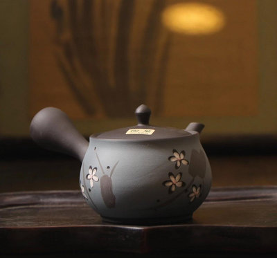 日本常滑燒泥繪櫻花側把急須茶壺