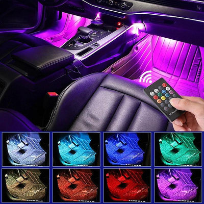 家用感應燈 亞馬遜汽車車內LED氛圍燈遙控RGB七彩聲控腳底燈車載裝飾燈條