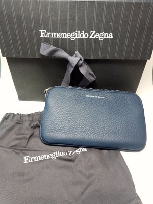 全新正品Ermenegildo Zegna傑尼亞多功能藍色牛皮拉鏈皮夾卡夾手拿包腰包鑰匙包