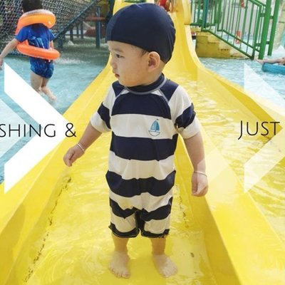 ✅嚴選✅韓國嬰幼兒童泳衣男寶泳褲條紋水手男童寶寶防曬連體防曬泳裝帶帽 LJSH34155