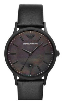 [永達利鐘錶 ] Emporio Armani 義大利 優雅皮帶手表/黑珠貝殼面霧黑鋼(AR11276)