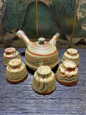 日本 常滑燒 攪泥 仲康造 橫手急須側把壺茶壺茶具 純手工制