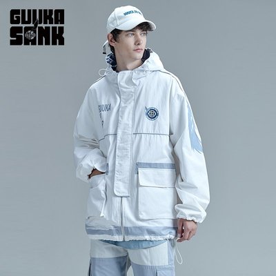 GUUKA&amp;SANK藏克聯名白色連帽風衣男冬季嘻哈運動多袋工裝外套寬松