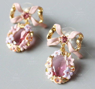 直購#Les Nereides秋冬 洛可可婚禮 粉色水晶寶石蝴蝶結花朵耳環