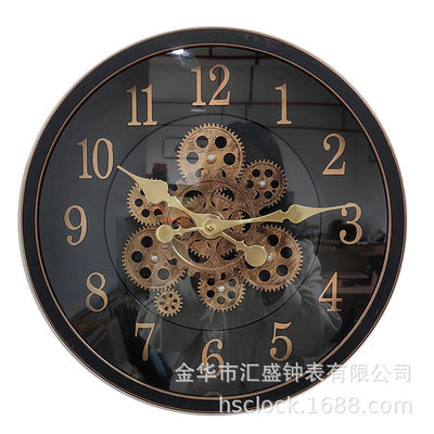 圓形塑料掛鐘美式復古齒輪工業風機械風石英鐘表裝飾時鐘