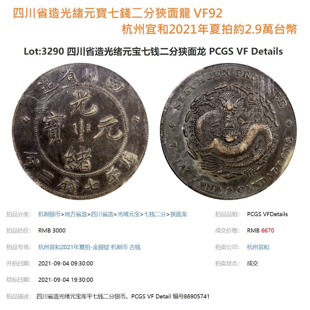 四川省造光緒元寶七錢二分 PCGS鑑定 VF(92) 狹面龍版 [認證編號41286923] 【和美郵幣社】