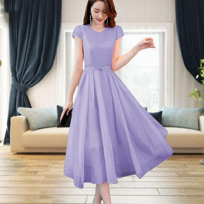 紫色連衣裙女夏季長裙2024年新款收腰遮肚顯瘦氣質溫柔風雪紡裙子