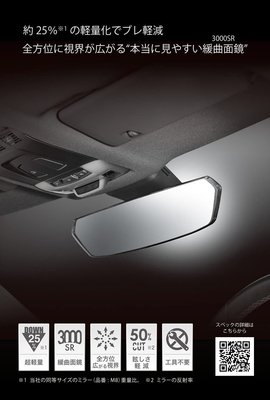 【MINA米娜日本汽車精品】CARMATE 黑框六角形 緩曲面 輕量化 車內後視鏡 鉻鏡 300mm DZ563