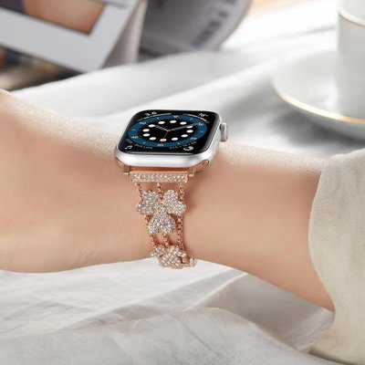 適配 Apple Watch 6 錶帶 心形花朵鑲鑽錶帶 女士金屬手鏈 蘋果手錶SE/5/4/3通用 40mm 44mm