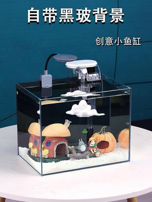 【現貨】金晶超白小魚缸客廳桌面造景玻璃缸全套小型生態缸免換水黑玻背景