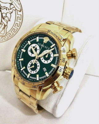 VERSACE V-Ray 綠色錶盤 金色不鏽鋼錶帶 石英 三眼計時 男士手錶 VE2I00621