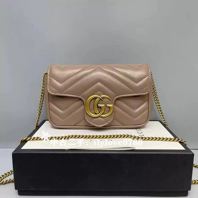 中古二手GUCCI 古馳 GG Marmont mini奶茶色鏈條包/肩背包/斜跨包 476433