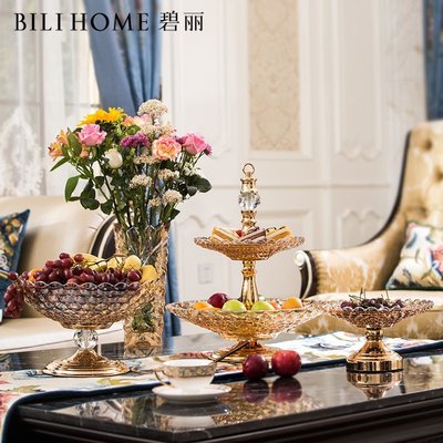 下殺-果盆水果盤家用客廳茶幾歐式裝飾雙層糖果盤簡約現代水晶玻璃果盤擺件