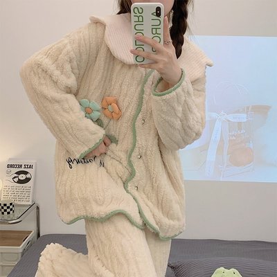 【熱賣精選】日本P秋季珊瑚絨睡衣女新款加絨加厚秋冬季保暖法蘭絨家居服套裝