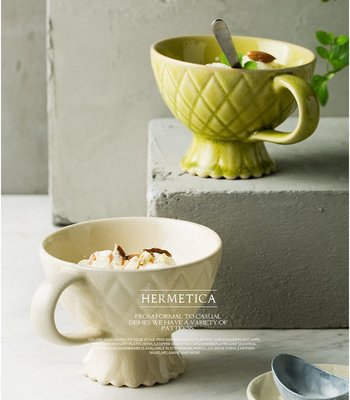 【Kyut】《二入組》歐式文藝復古風 冰釉裂《百吉旺來》米白黃綠陶瓷冰品杯 大容量早餐麥片杯 馬克杯  陶瓷咖啡杯組