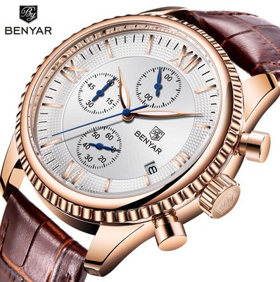 【潮裡潮氣】賓雅BENYAR新款手錶男時尚多功能防水日曆真皮男士腕錶5129X