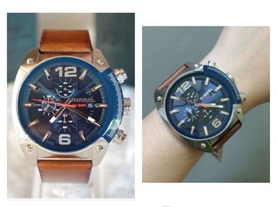DIESEL Overflow 藍色錶盤 棕色皮革錶帶 石英 三眼計時 男士手錶 DZ4400