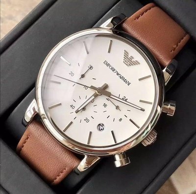 EMPORIO ARMANI 白色錶盤 棕色皮革錶帶 石英 三眼計時 男士手錶 AR1846