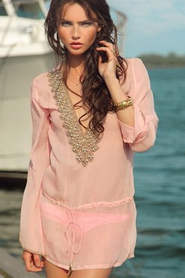 降價囉~~美國好萊塢明星熱賣泳裝罩衫Zeugari Beachwear Barbados Blush 珊瑚粉紅 L