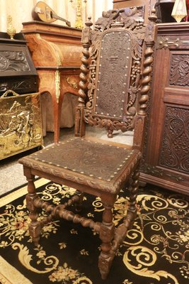 【家與收藏】特價稀有珍藏歐洲百年古董18世紀法國古堡莊園罕見精緻手工皮雕刻花古典老橡木椅