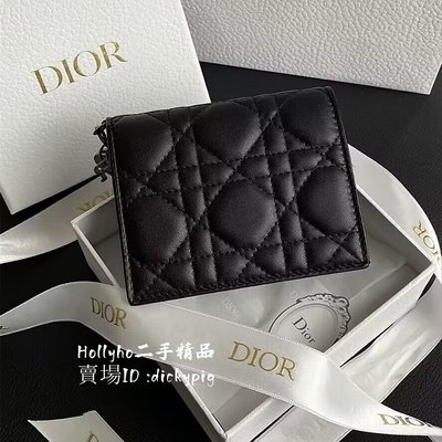 二手正品 Dior 迪奧 Lady 黑色/粉色 藤格紋 羊皮革 迷你 對折短夾 錢包 零錢包 S0178ONMJ