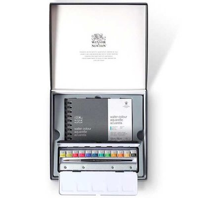 英國製 溫莎牛頓 0190809 專家級12色 塊狀水彩 黑鐵盒12色 1貂毛水彩筆 專業水彩紙 日記本 限量 禮盒