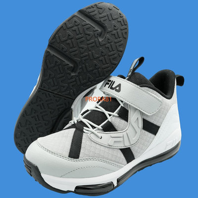 FILA B409Y-410 灰X黑X白 高筒單黏帶大氣墊籃球鞋(童鞋，兩款配色)【康特杯，足弓支撐鞋墊】301F
