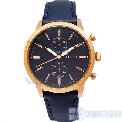FOSSIL手錶 FS5436 玫瑰金時標 雙眼計時 夜光 深藍色皮帶 男錶【錶飾精品】