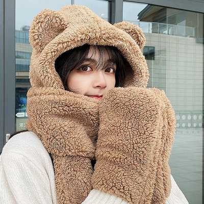 小熊帽子 韓國少女毛絨手套一體三件套 秋冬季百搭保暖 可愛少女