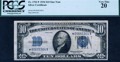 美國 1934年版 10美 (銀幣券) (STAR NOTE 補券) PCGS 20 紙幣 紀念鈔 紙鈔【悠然居】1482