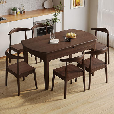 餐桌實木餐桌現代簡約輕奢胡桃色吃飯桌子家用伸縮可變圓桌餐桌椅組合