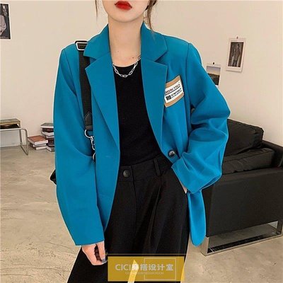 新品 時尚套裝女 網紅藍色炸街小個子西裝外套2022春秋新款韓版寬鬆休閒西裝上衣女促銷