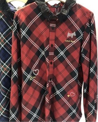 （D030）全新Scottish House~紅黑格紋蕾絲彈性襯衫～L號