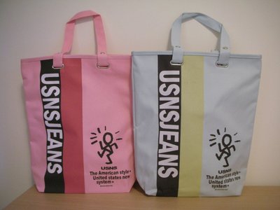 全新 USNS JEANS 絕版人形 LOGO 粉紅、馬卡龍綠硬挺側背 / 側肩背包 / 手提袋 / 環保購物袋單只單款