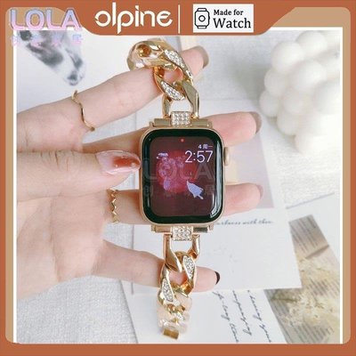 適用於apple watch 7/8代單排牛仔鏈鑲鑽錶帶iwatch SE金屬錶帶 蘋果手錶23456代金屬錶帶49mm-LOLA創意家居