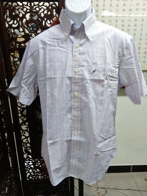 (二手衣物)美國品牌NAUTICA短袖休閒款淺紫色格紋襯衫(M)(B737)